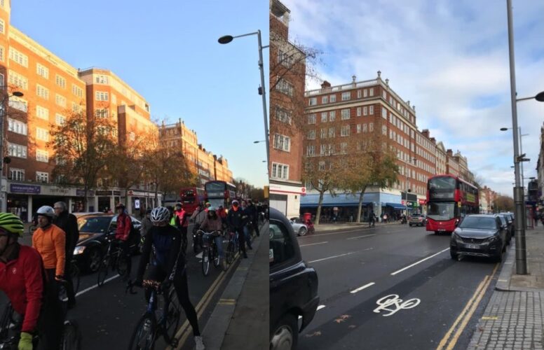 Kensington High Street with and without protected cycle lane