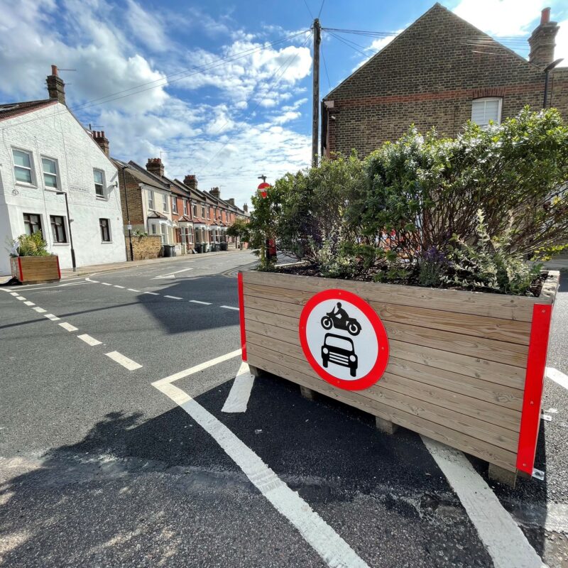 Haringey Low Traffic Neighbourhood (LTN) planter and sign