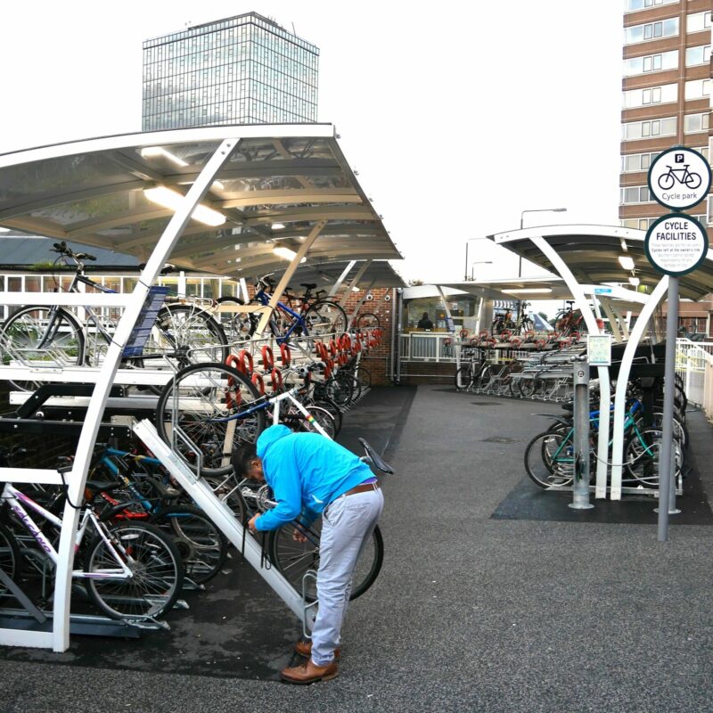 Bike parking at station with bike storage racks
