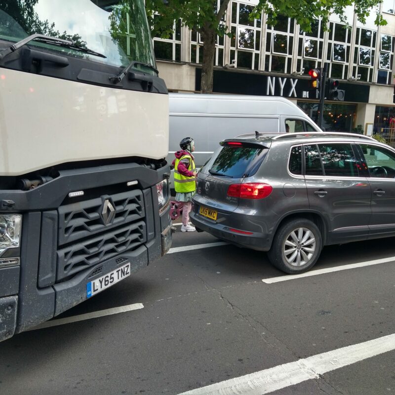 Person cycling near lorry at dangerous junction