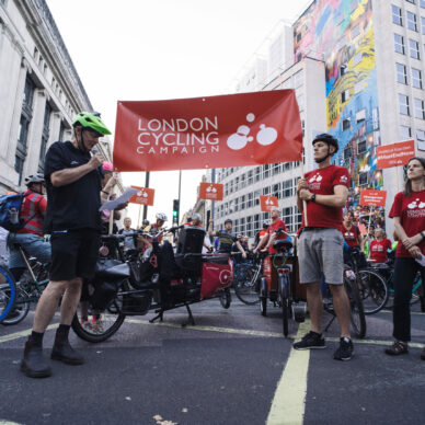 LCC Holborn protest on dangerous junctions - group of people with bikes