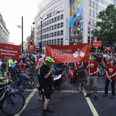 LCC Holborn protest on dangerous junctions - crowd of people with bikes