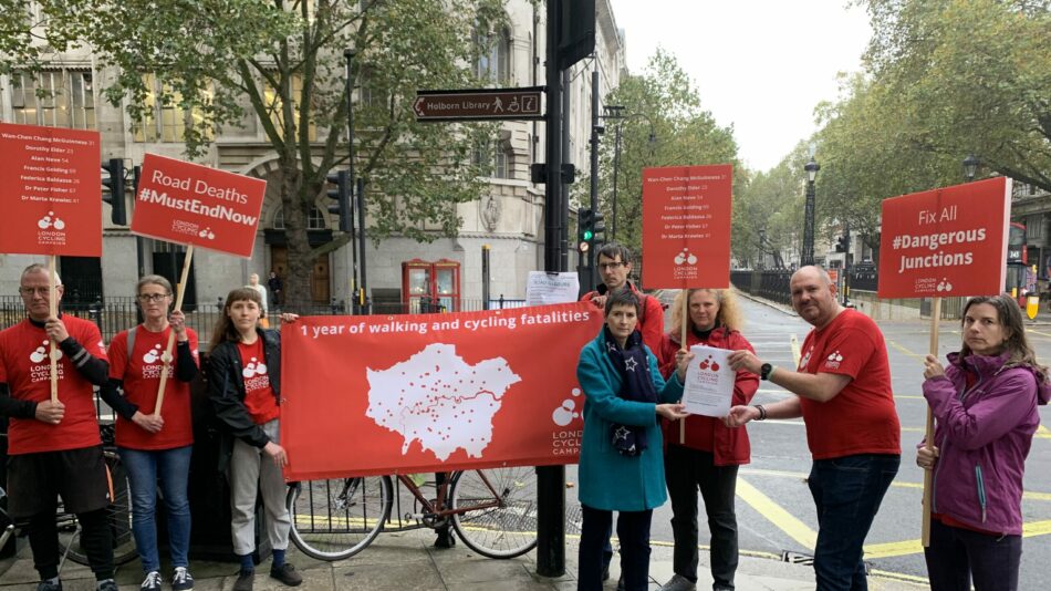 LCC hands petition to Caroline Pidgeon of London Assembly at Southampton Row and Theobalds Road dangerous junction.