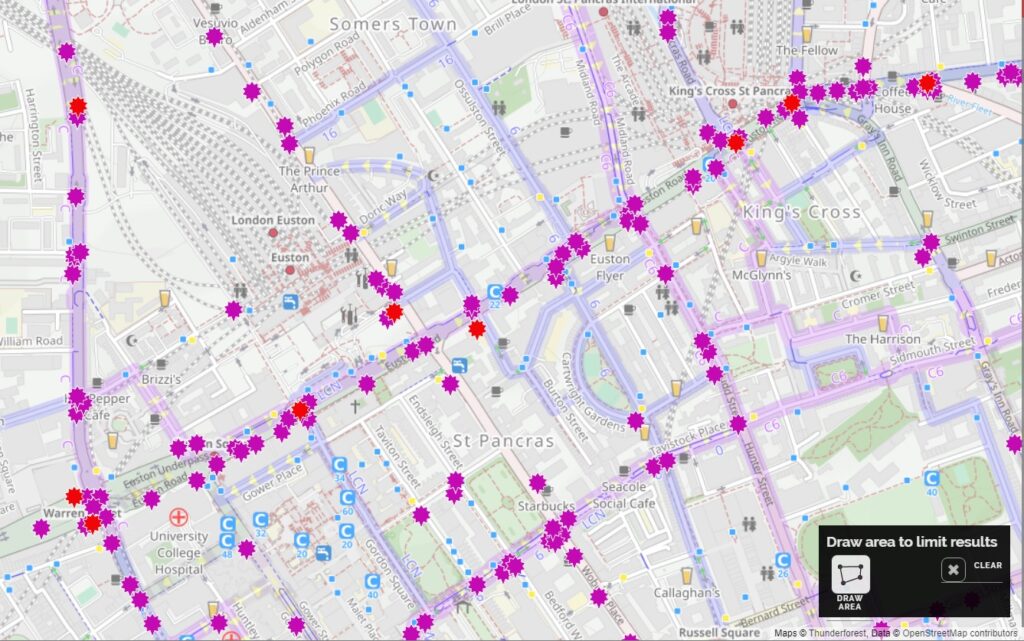 Map of collisions on Euston Road for pedestrians and cycling, ten years, serious and fatal