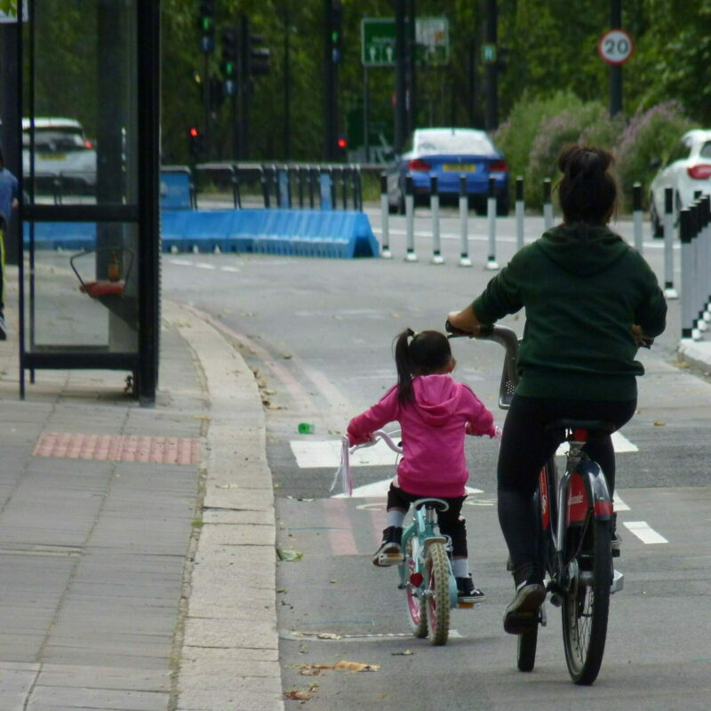 Seen from behind, a young girl in a pink coat rides a bike with tassles on the handlebars and a woman rides behind her on a Santander Cycle. They are on the Park Lane cycle lane with wands visible in the background